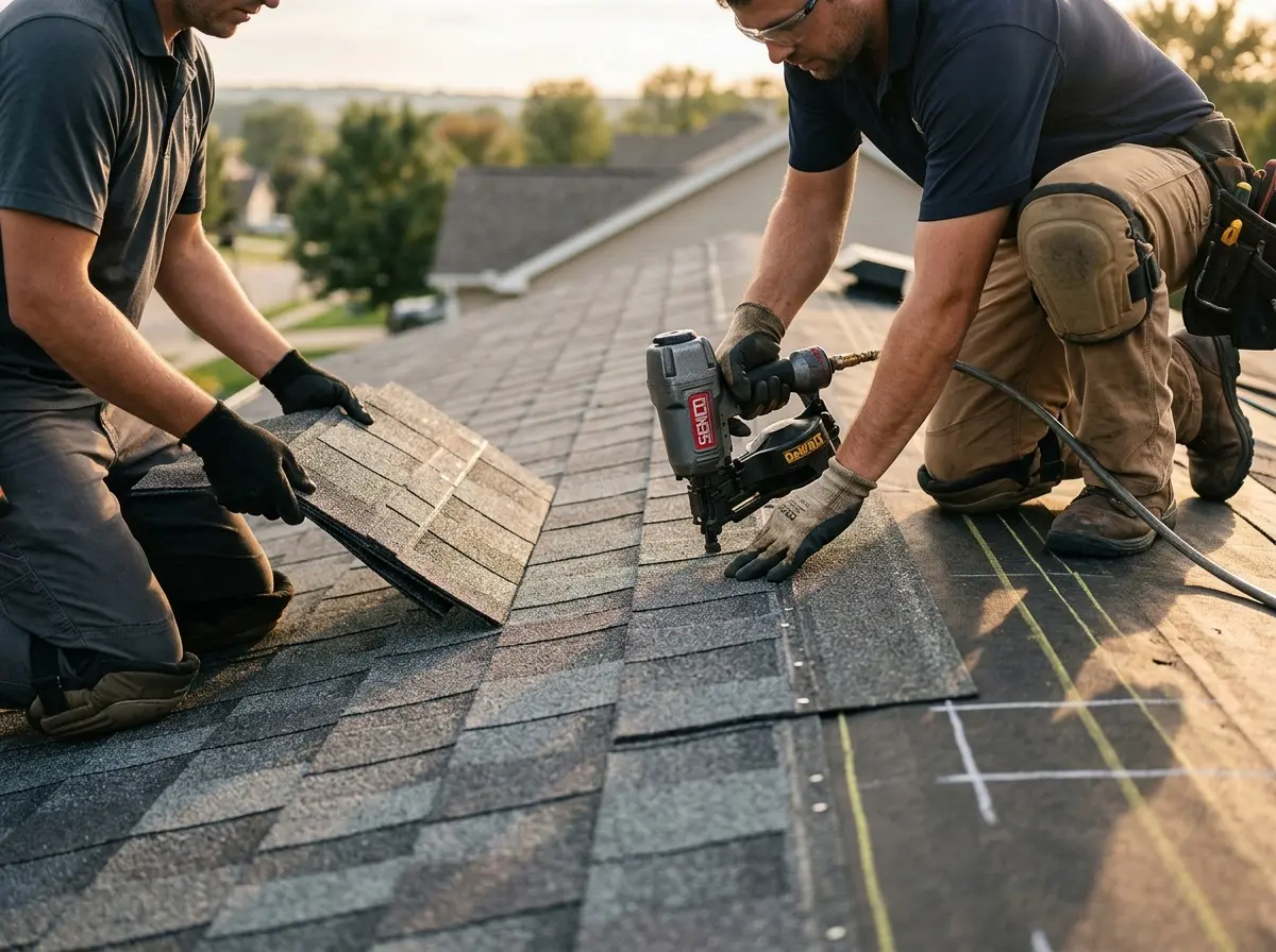 Professional roofer working on a residential roof in Flower Hill